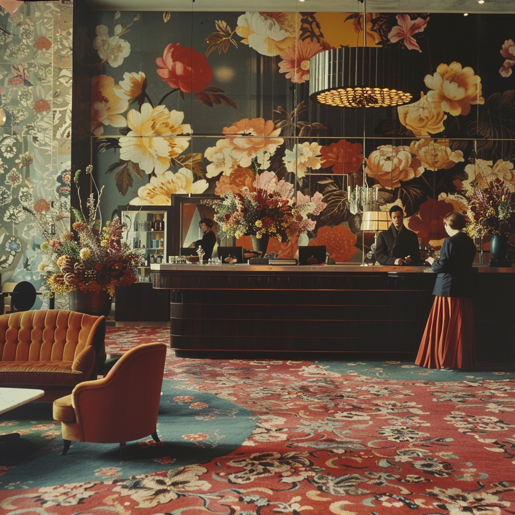 a hotel lobby with a couple of people standing behind a counter