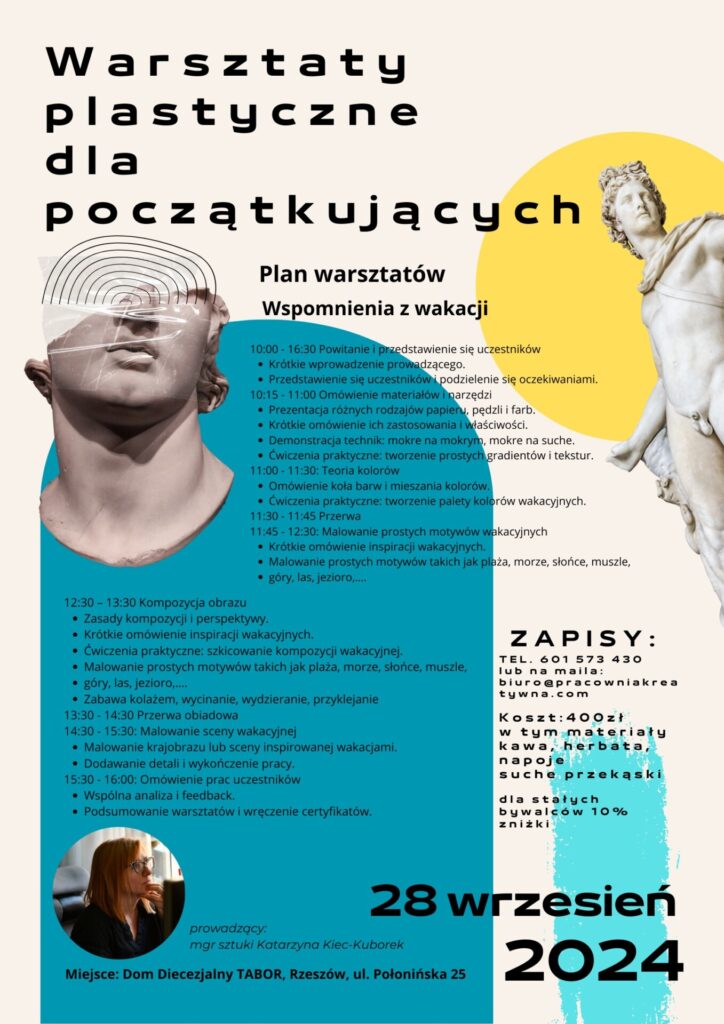 Warsztaty plastyczne dla początkujących 8 Plan Warsztatow dla poczatkujacych Wspomnienia z wakacji technika mieszana lub akwarelowa. 1000 1015 Powitanie i przedstawienie sie uczestnikow Krotkie wprowadzenie prowadzacego. Przedstawieni 1